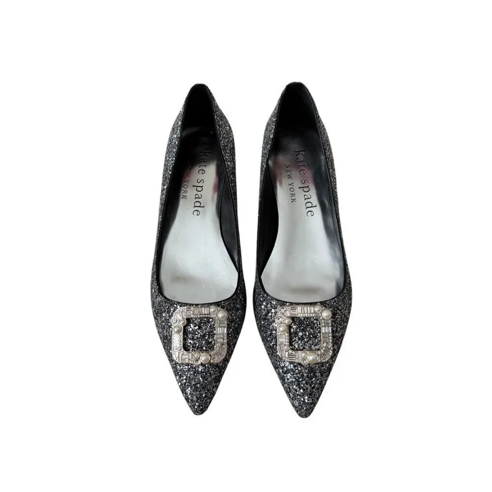 Kate Spade Buckle Up Glitter Flats Black Silver 10.5 Point Toe - Picture 2 of 9